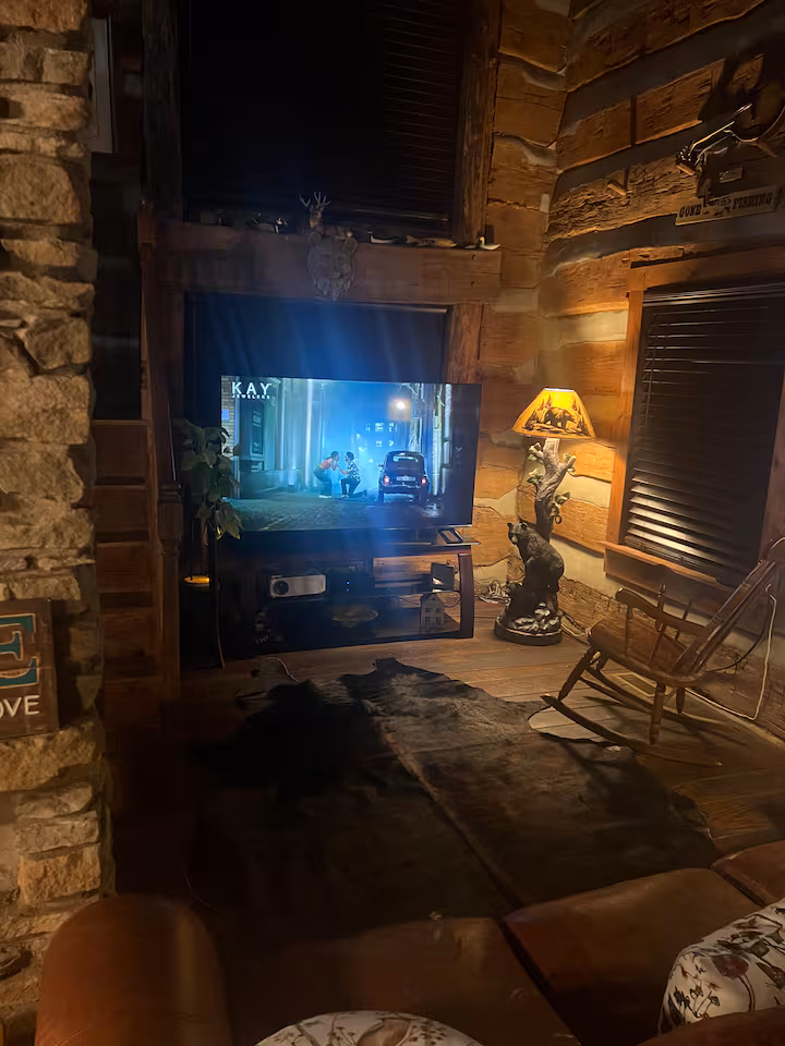 Rustic cottage living room with a television, wooden walls, stone fireplace, lamp, and rocking chair